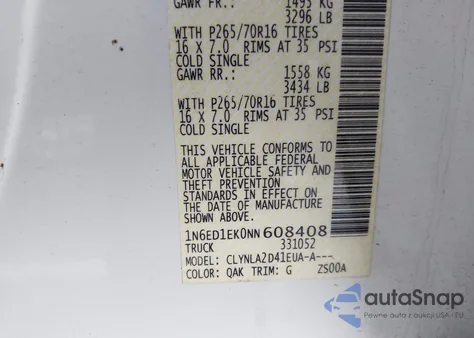 2022 Nissan Frontier S/Sv/Pro-4X z USA, uszkodzony, nr VIN 1N6ED1EK0NN608408